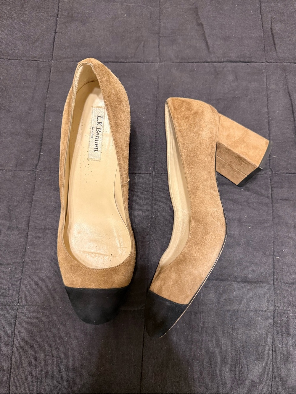 LK Bennett Two-Tone Suede Block Heel Pumps in Brown and Black